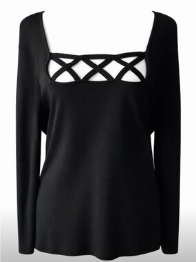 NWT Finity Womens Medium Black Knit Top Criss Cross Lattice Square Neck Stretch
